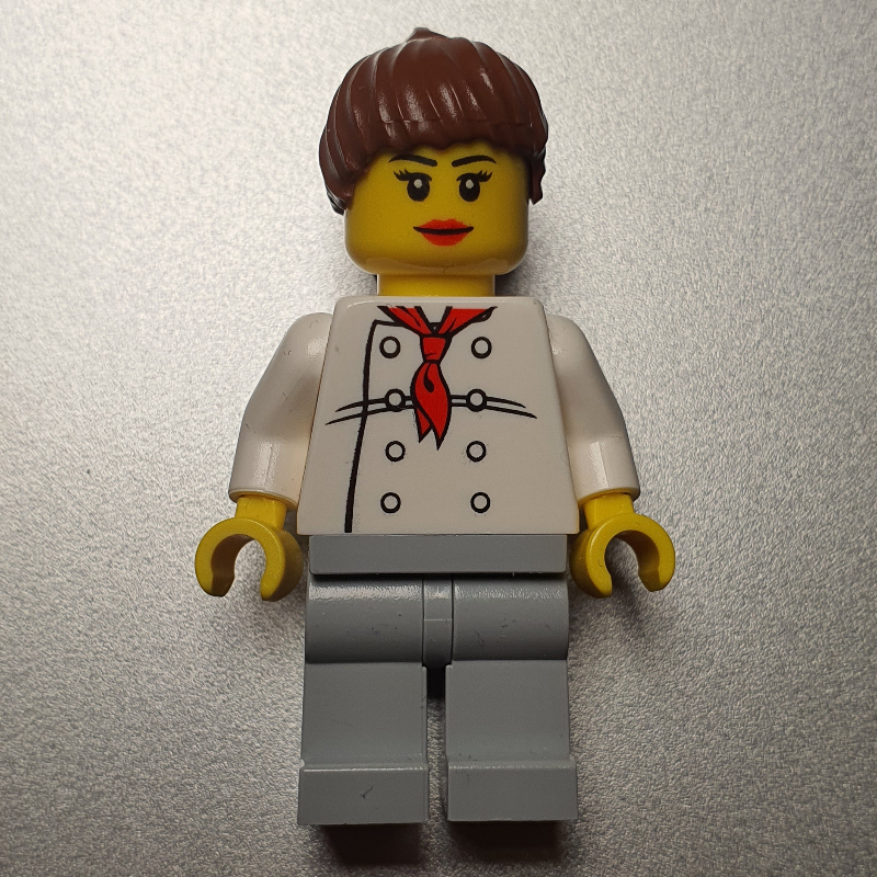 LEGO Chef, Woman, Red Neckerchief, Light Bluish Gray Legs, Reddish Brown Ponytail Hair, 3626bpr0892 Head (fig-009447)