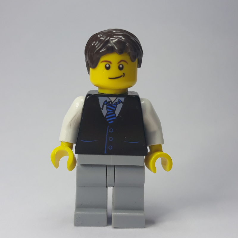 LEGO Man, Black Vest and Tie, Light Bluish Gray Legs, Dark Brown Hair (fig-009450)