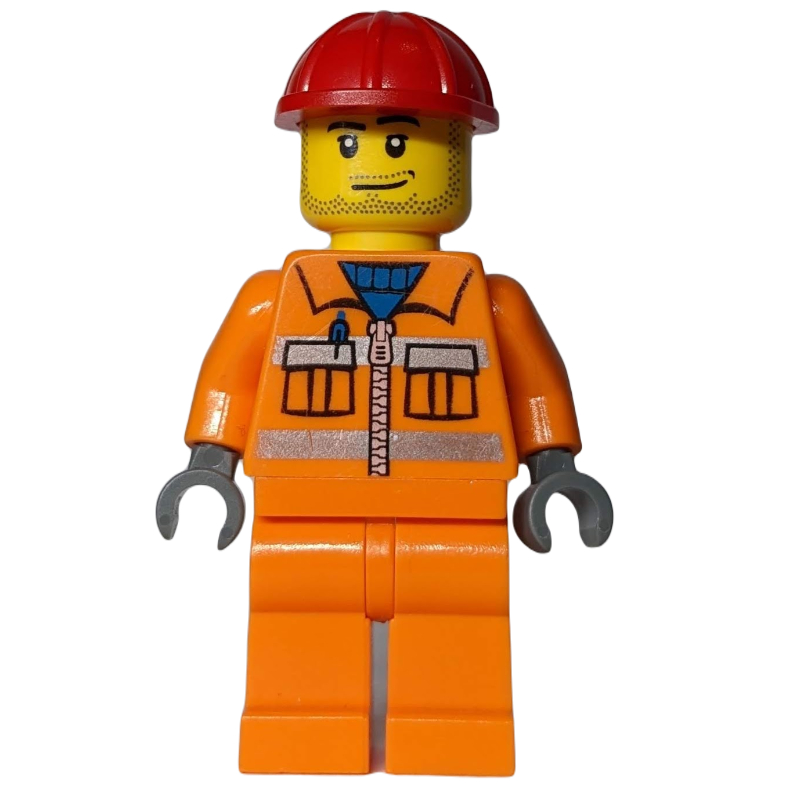 LEGO Construction Worker, Orange Jacket with Zipper and Reflective Stripes, Orange Legs, Red Hard Hat, Stubble (fig-009452)