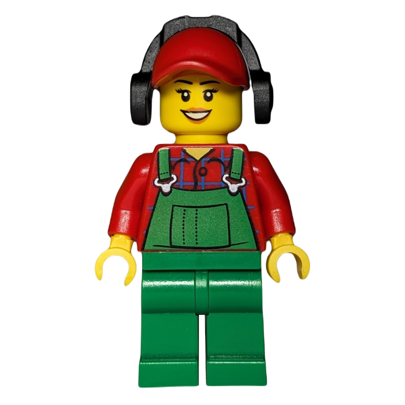 LEGO Woman, Green Overalls over Red Paid Shirt, Red Cap with Ear Defenders (fig-009453)