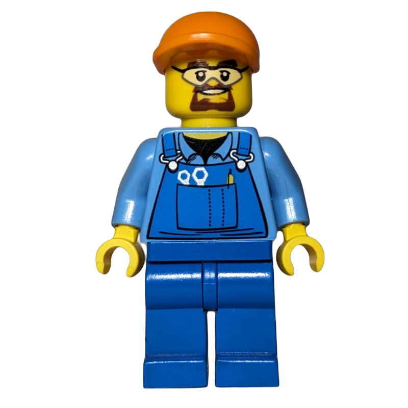 LEGO Man, Blue Overalls over Shirt, Blue Legs, Orange Cap, Safety Glasses and Goatee Beard (fig-009454)