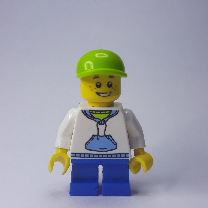 LEGO Boy, White and Blue Hoodie, Short Blue Legs, Lime Cap (3626c Head) (fig-009455)