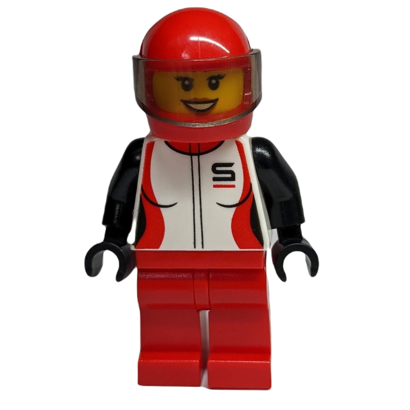 LEGO Racer, Woman, Black, Red, and White Jacket, Red Legs, Red Helmet with Visor (fig-009456)