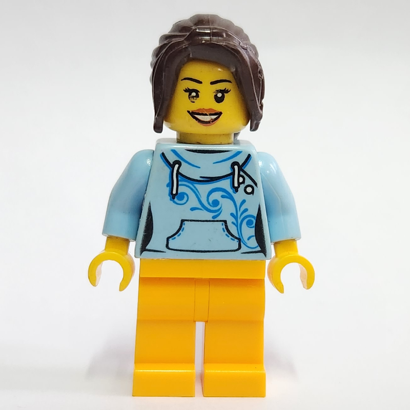 LEGO Bright Light Blue Torso, Bright Light Orange Legs, Dark Brown Hair (fig-009497)