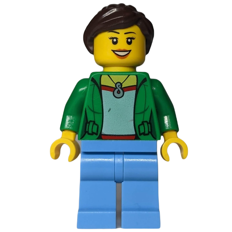 LEGO Woman, Open Green Jacket with Necklace, Dark Brown Hair (fig-009541)