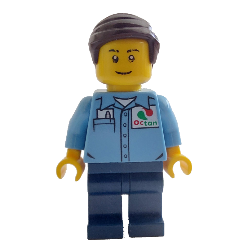 LEGO Man, Medium Blue Shirt with Octan Logo, Dark Blue Legs, Dark Brown Hair (fig-009542)