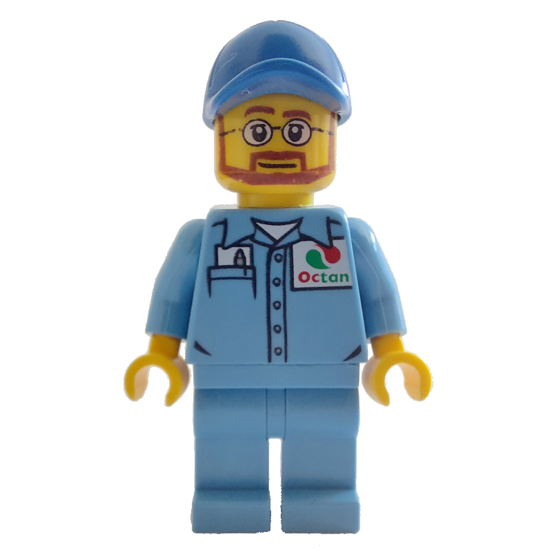 LEGO Man, Medium Blue Shirt with Octan Logo, Medium Blue Legs, Blue Cap, Beard and Glasses (fig-009543)