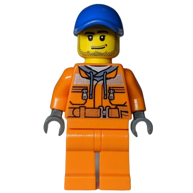 LEGO Construction Worker, Safety Jacket over Hoodie with Belt, Orange Legs, Blue Cap, Stubble (fig-009544)