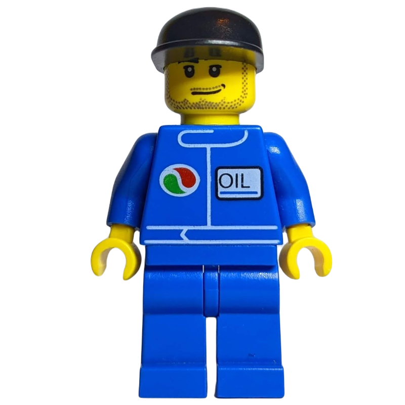 LEGO Man, Blue Jumpsuit with Octan Logo, Black Cap, Stubble (fig-009545)