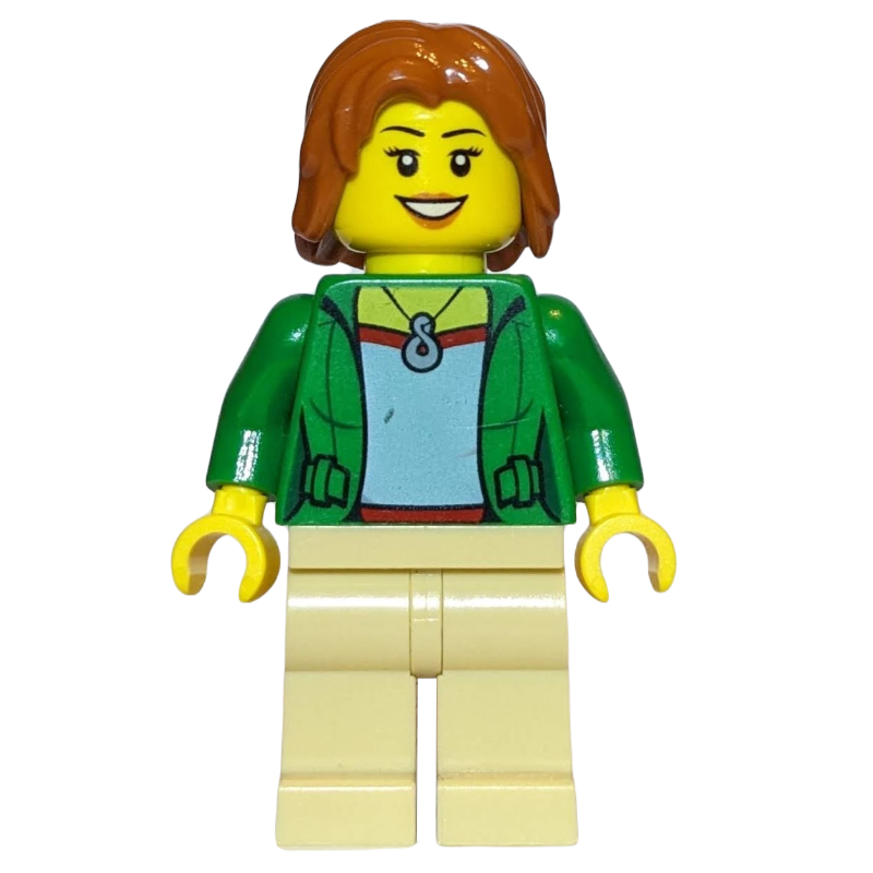 LEGO Woman, Open Green Jacket with Necklace, Dark Orange Hair (fig-009548)