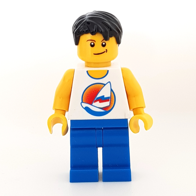 LEGO Man, White Tank Top with Windsurfer, Blue Legs, Black Hair (fig-009550)