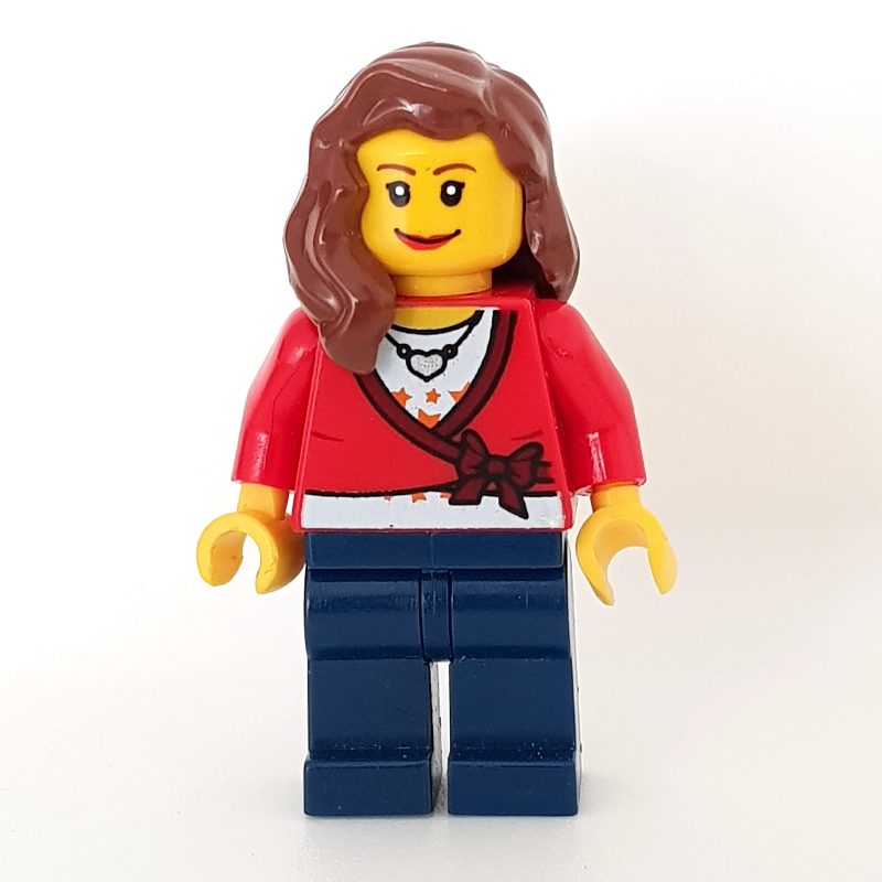 LEGO Woman, Cardigan Tied with Bow and Necklace, Dark Blue Legs, Reddish Brown Hair (fig-009551)