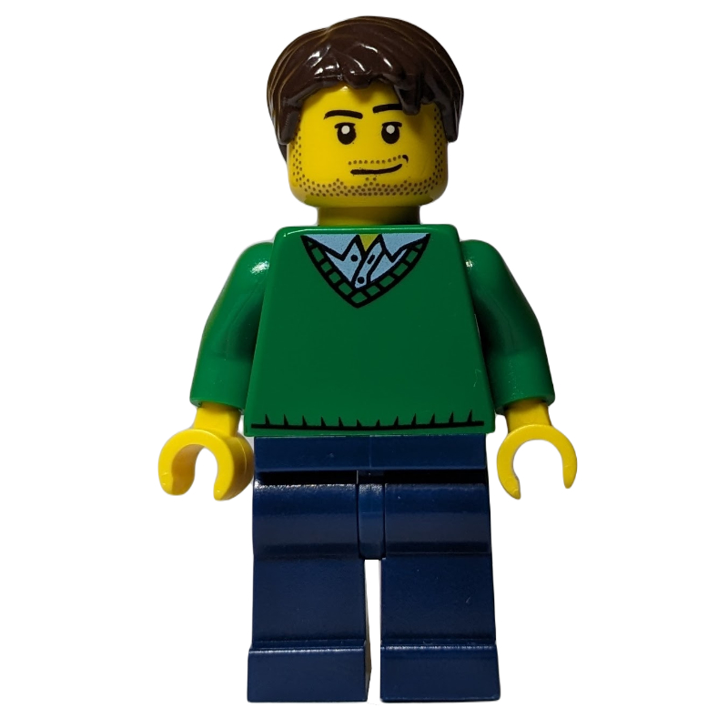 LEGO Man, Green V-Neck Sweater, Dark Blue Legs, Dark Brown Hair, Stubble (fig-009552)