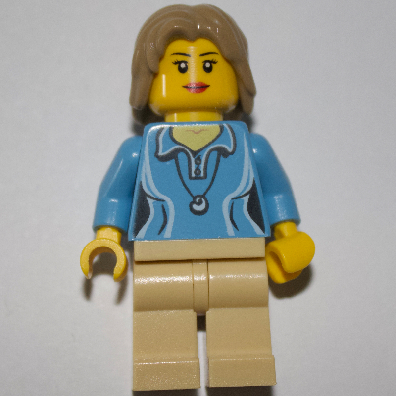LEGO Woman, Medium Blue Polo Shirt with Necklace, Tan Legs, Dark Tan Hair (fig-009553)