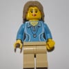 Woman, Medium Blue Polo Shirt with Necklace, Tan Legs, Dark Tan Hair