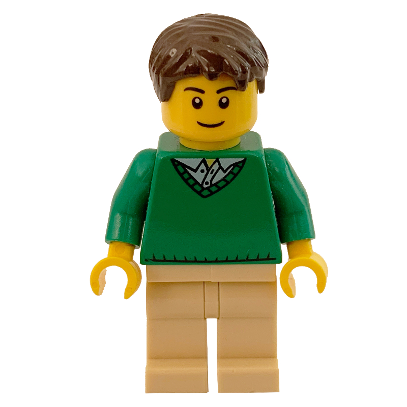 LEGO Man, Green V-Neck Sweater, Tan Legs, Dark Brown Hair (fig-009554)