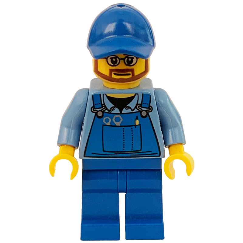 LEGO Man, Blue Overalls over Shirt, Blue Legs, Blue Cap, Beard and Glasses (fig-009555)