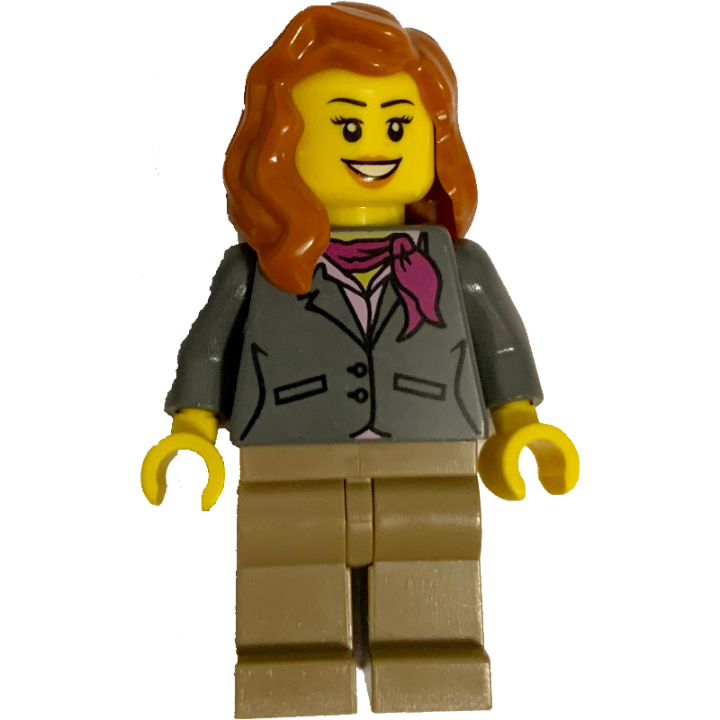 LEGO Woman, Dark Bluish Gray Jacket with Magenta Scarf, Dark Tan Legs, Dark Orange Hair (fig-009557)