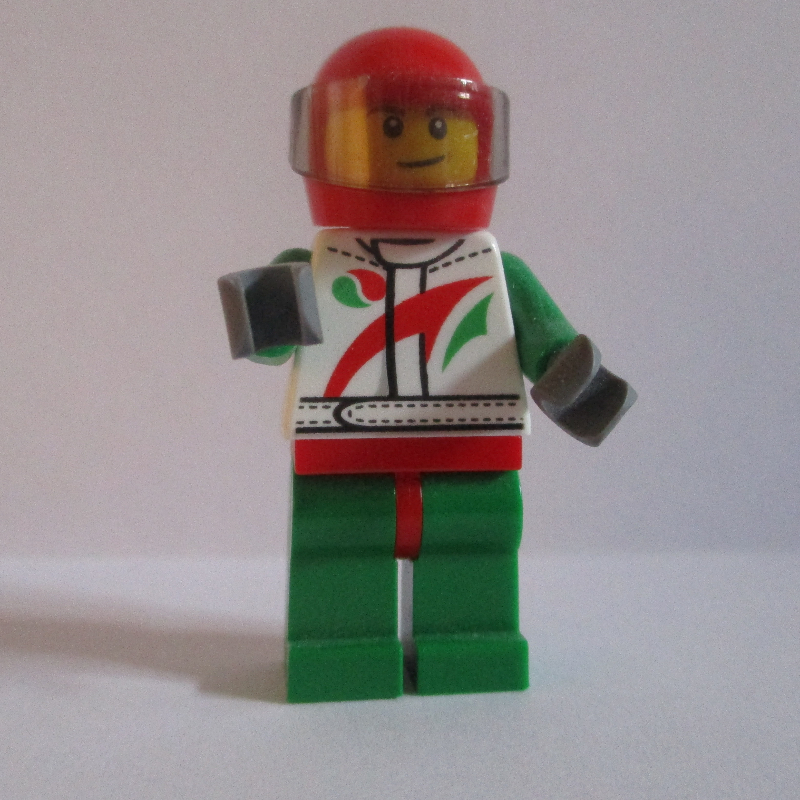 LEGO Racer, White, Green, and Red Jumpsuit, Red Helmet with Visor (fig-009558)