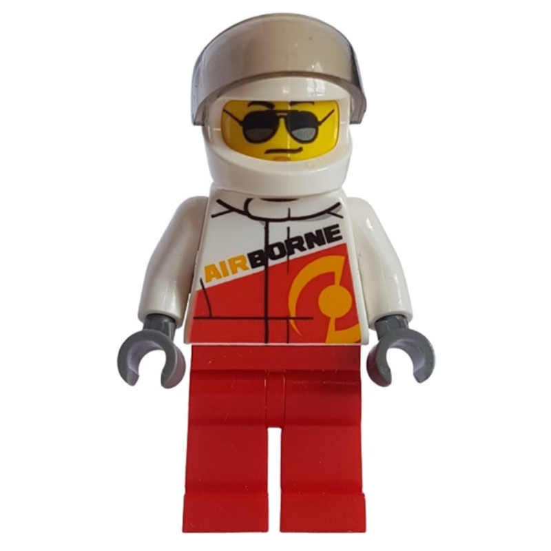 LEGO Racer, Red and White Jumpsuit with 'AIRBORNE', White Helmet with Visor, Sunglasses (fig-009559)