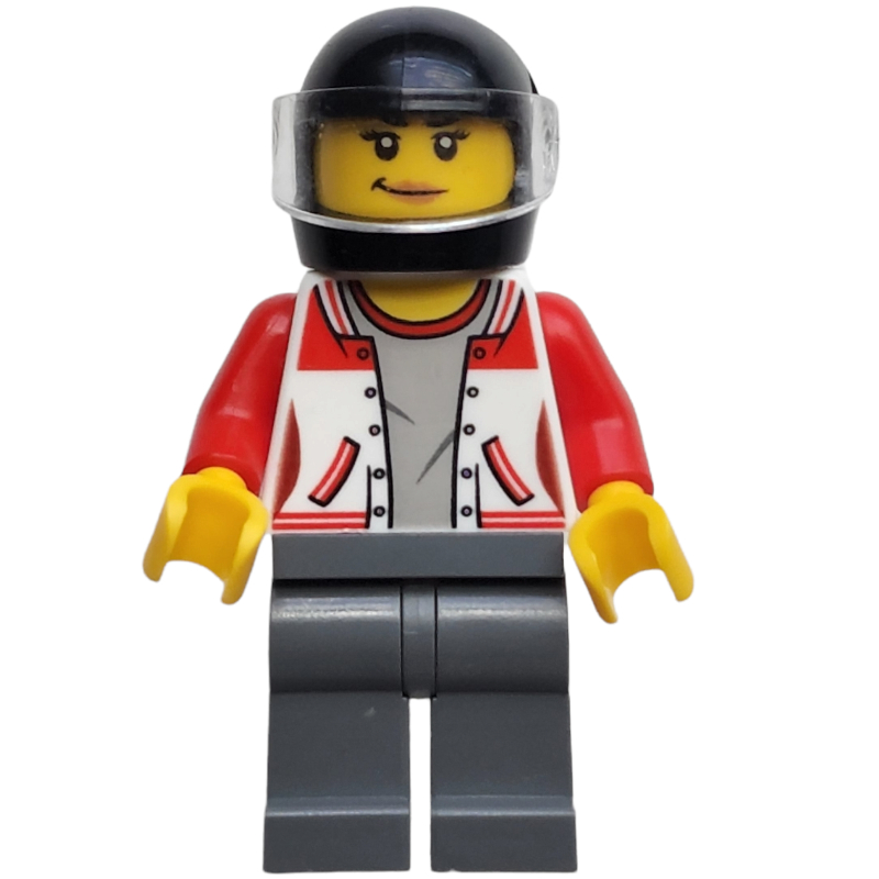 LEGO Woman, Red and White Letterman Jacket, Dark Bluish Gray Legs, Black Helmet with Visor (fig-009562)