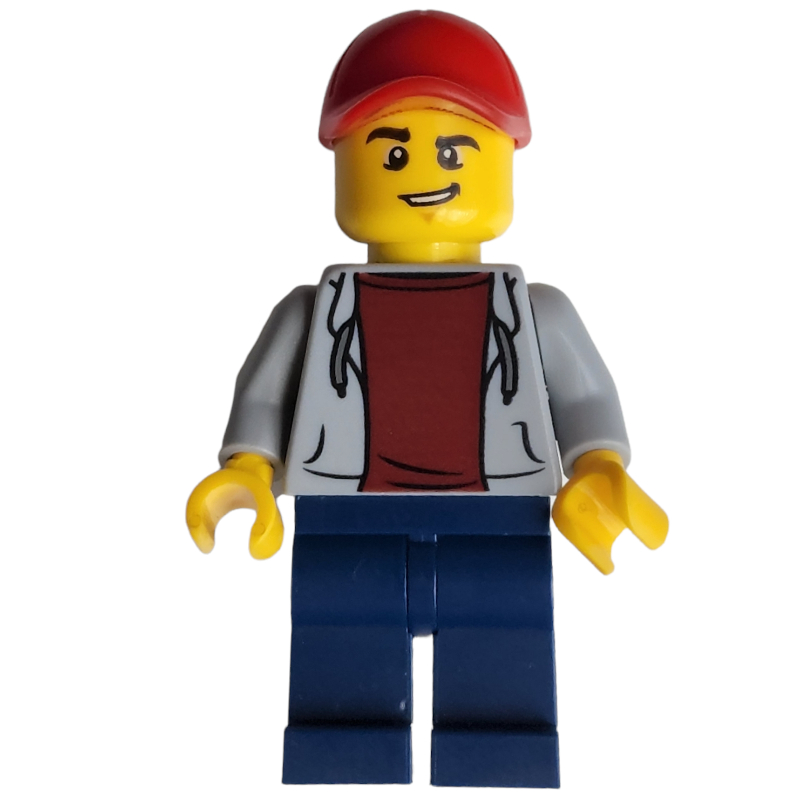 LEGO Man, Open Light Bluish Gray Hoodie over Dark Red Shirt, Dark Blue Legs, Red Cap (fig-009563)