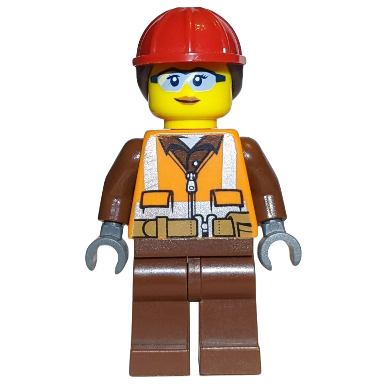 LEGO Construction Worker, Woman, Orange Safety Vest with Zipper over Reddish Brown Shirt, Reddish Brown Legs, Red Hard Hat with Hair, Safety Glasses (fig-009565)
