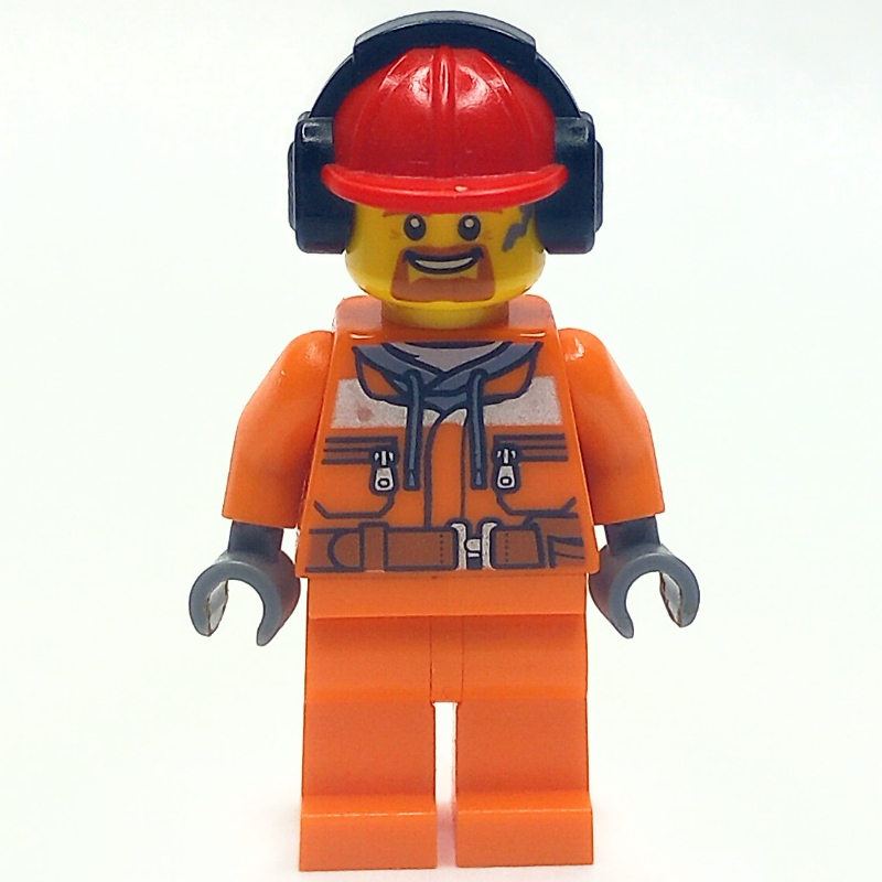 LEGO Construction Worker, Safety Jacket over Hoodie with Belt, Orange Legs, Red Hard Hat with Ear Defenders, Goatee Beard (fig-009566)