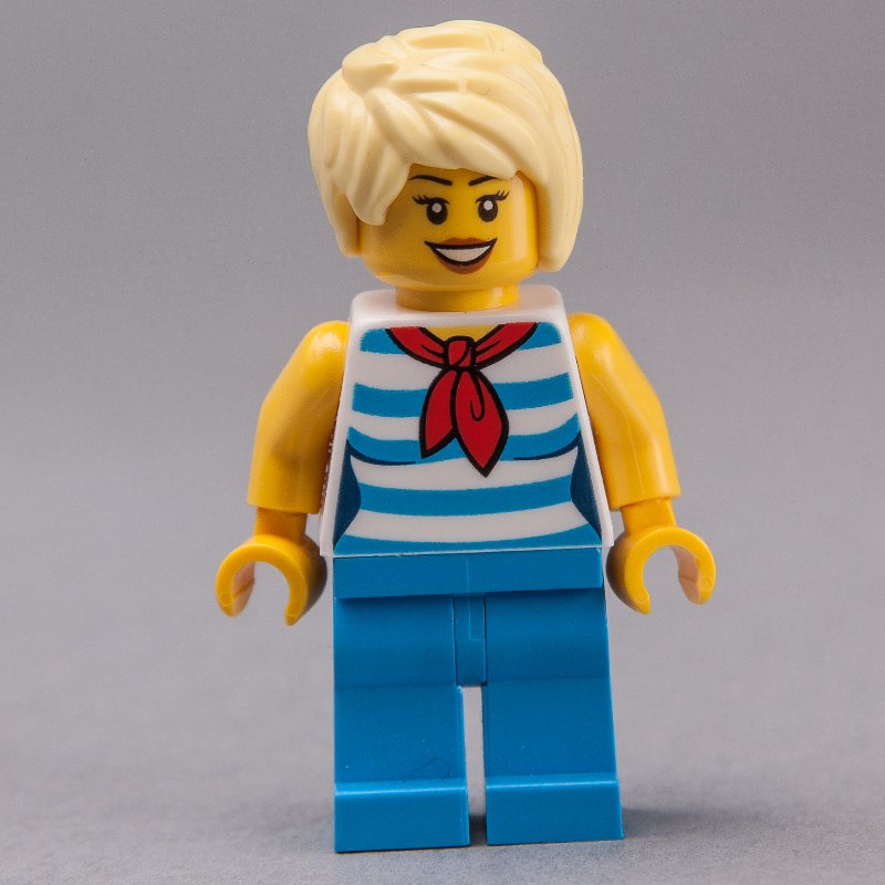LEGO Woman, White and Dark Azure Striped Tank Top with Red Neckerchief, Dark Azure Legs, Bright Light Yellow Hair (fig-009568)