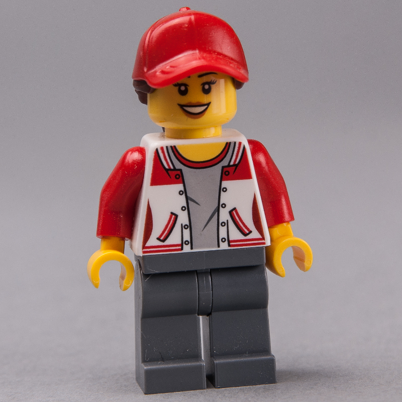 LEGO Woman, Red and White Letterman Jacket, Dark Bluish Gray Legs, Red Cap with Hair (fig-009570)