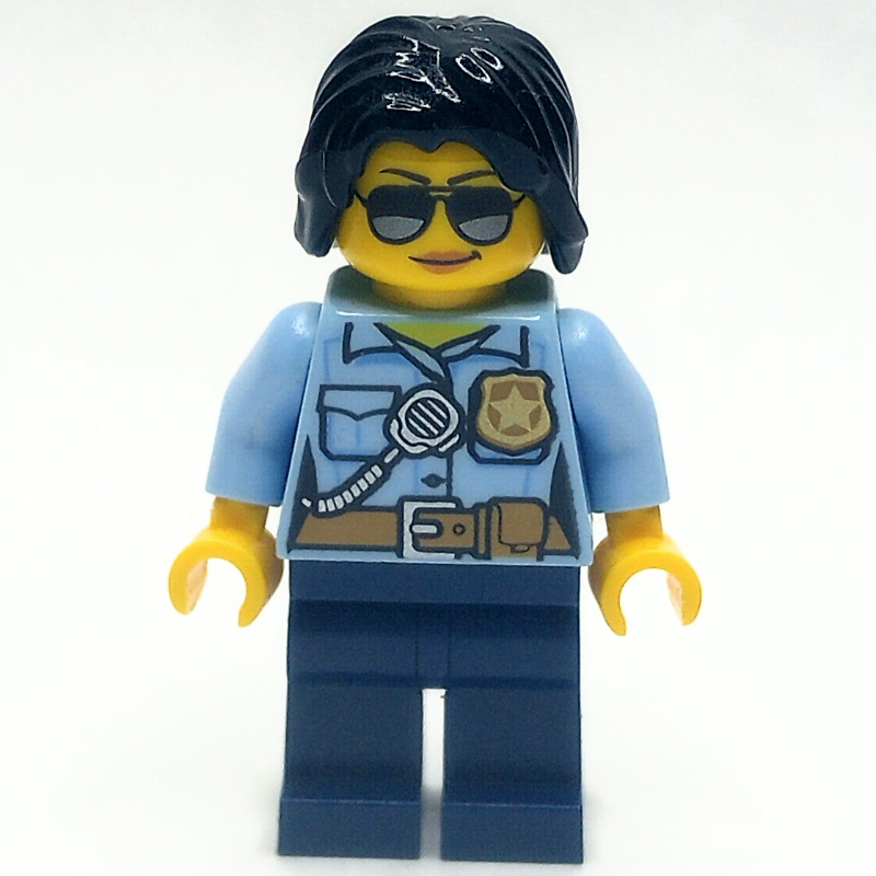 LEGO Policewoman, Bright Light Blue Shirt with Radio and Badge, Dark Blue Legs, Black Hair, Sunglasses (fig-009572)
