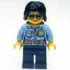 Policewoman, Bright Light Blue Shirt with Radio and Badge, Dark Blue Legs, Black Hair, Sunglasses