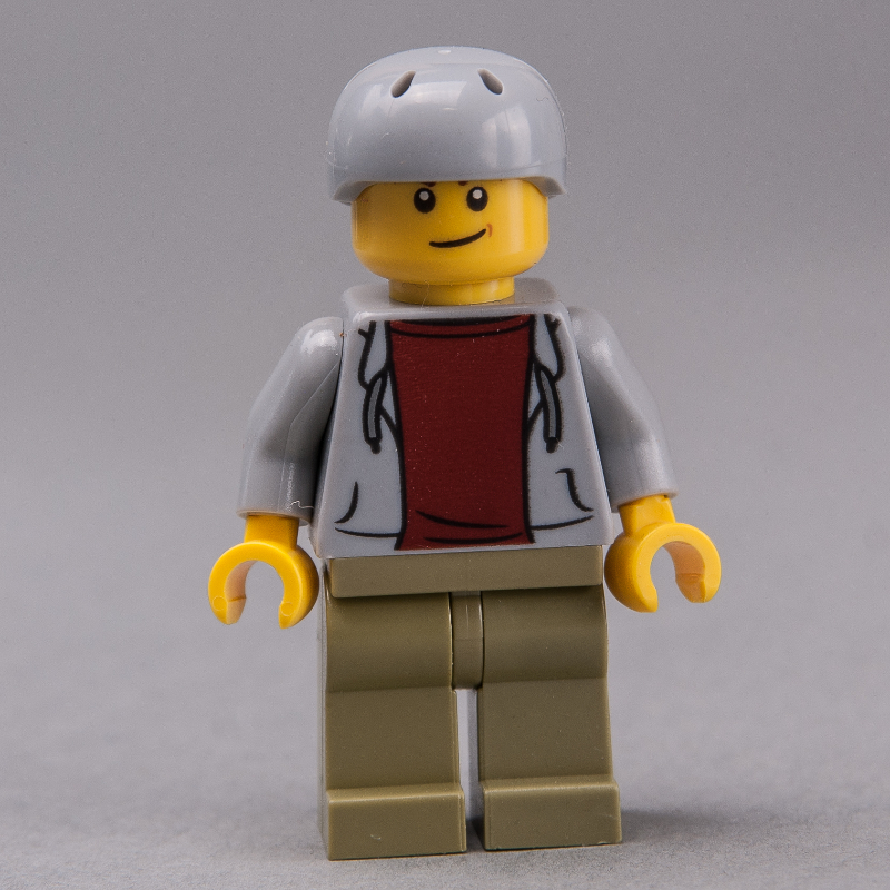 LEGO Man, Open Light Bluish Gray Hoodie over Dark Red Shirt, Olive Green Legs, Light Bluish Gray Helmet (fig-009573)