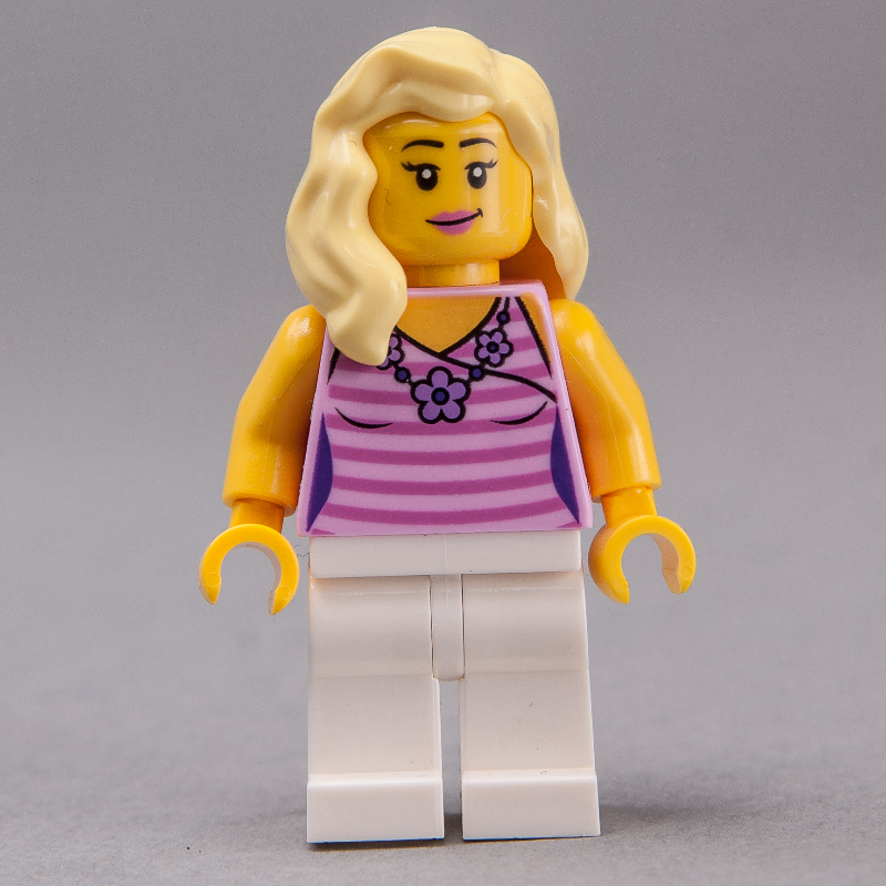LEGO Woman, Bright Pink and Dark Pink Striped Top, White Legs, Bright Light Yellow Hair (fig-009574)