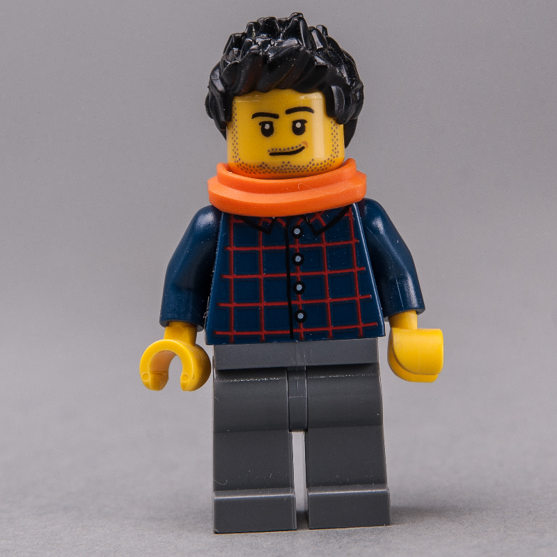LEGO Man, Dark Blue Plaid Shirt, Dark Bluish Gray Legs, Black Hair, Orange Scarf, Stubble (fig-009575)