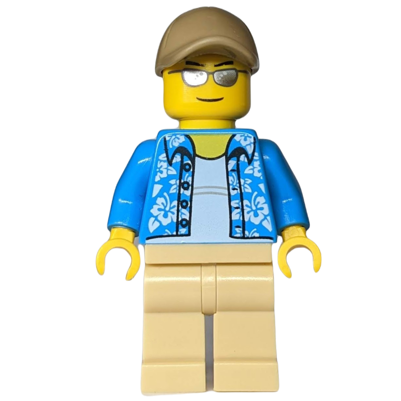 LEGO Man, Open Dark Azure Hawaiian Shirt, Tan Legs, Dark Tan Cap, Silver Sunglasses (fig-009576)