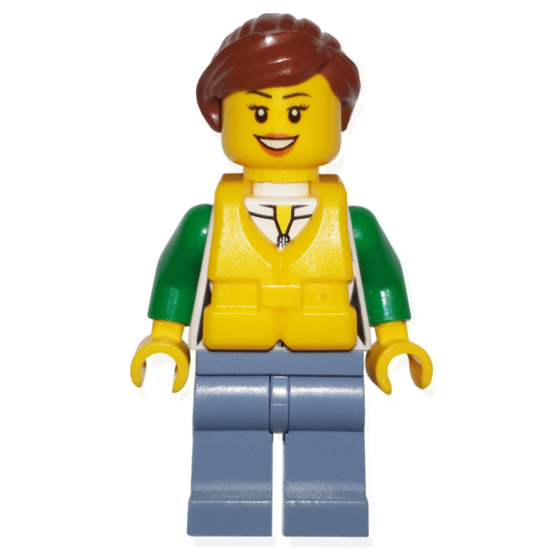 LEGO Woman, Green and White Jacket with Zipper, Sand Blue Legs, Reddish Brown Hair, Yellow Life Vest (fig-009585)