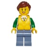 Woman, Green and White Jacket with Zipper, Sand Blue Legs, Reddish Brown Hair, Yellow Life Vest
