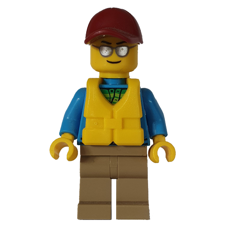 LEGO Man, Open Dark Azure Hoodie over Lime Shirt, Dark Tan Legs, Dark Red Cap, Yellow Life Vest, Silver Sunglasses (fig-009586)