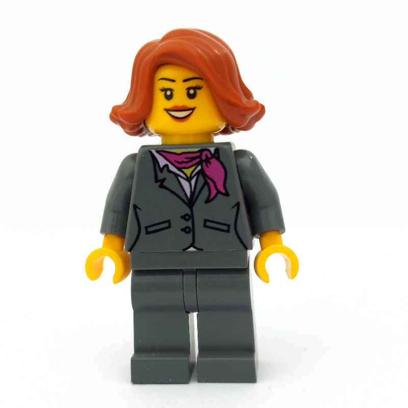 LEGO Woman, Dark Bluish Gray Suit with Magenta Scarf, Dark Orange Hair (fig-009587)
