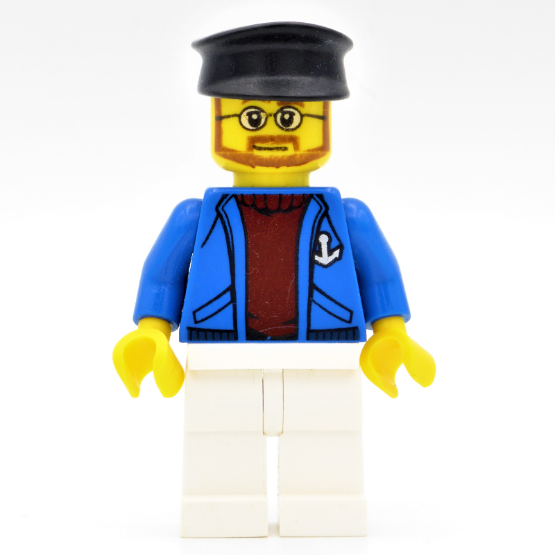 LEGO Sailor, Open Blue Jacket with Anchor over Dark Red Sweater, White Legs, Black Hat, Beard and Glasses (fig-009588)