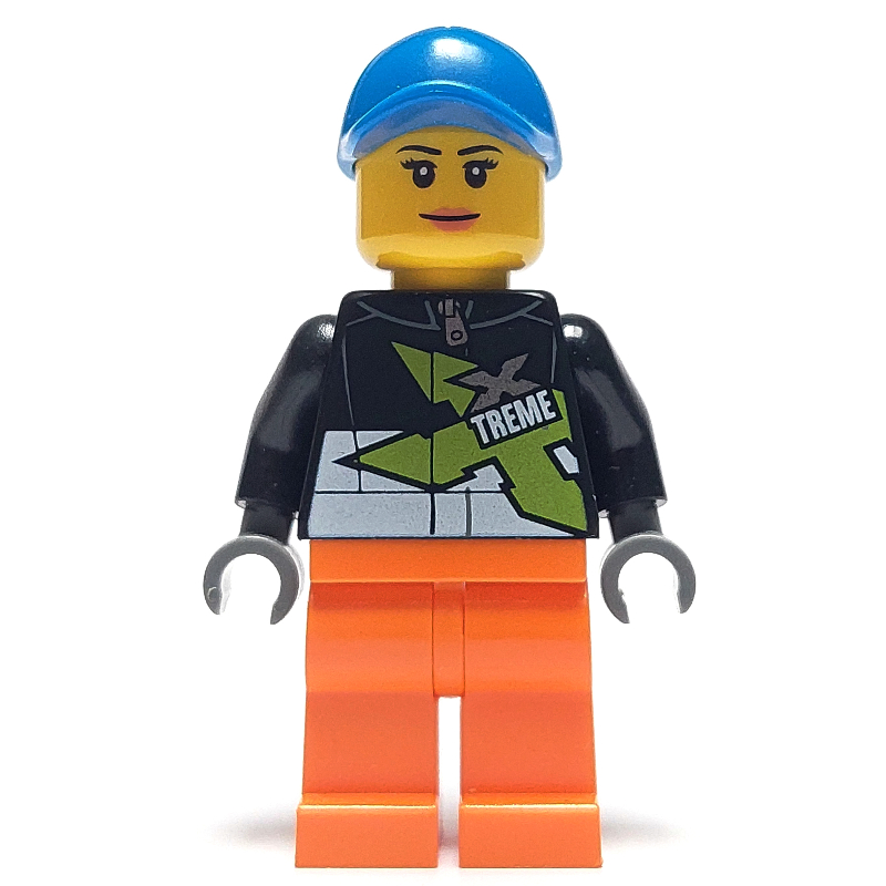 LEGO Racer, Woman, Black Jacket with Extreme Team Logo, Orange Legs, Blue Cap (fig-009589)