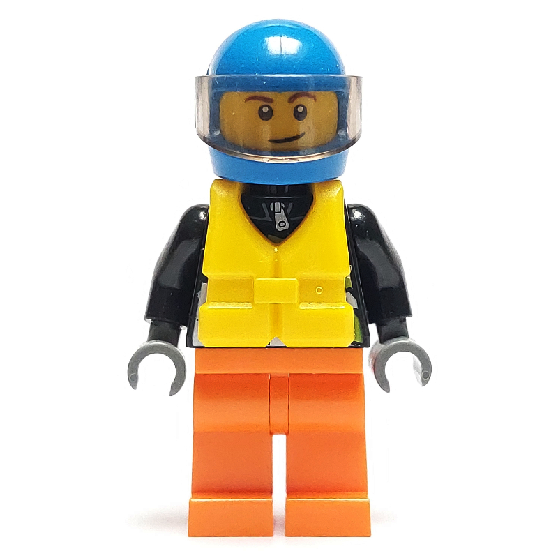 LEGO Racer, Black Jacket with Extreme Team Logo, Orange Legs, Blue Helmet with Visor, Yellow Life Vest (fig-009590)