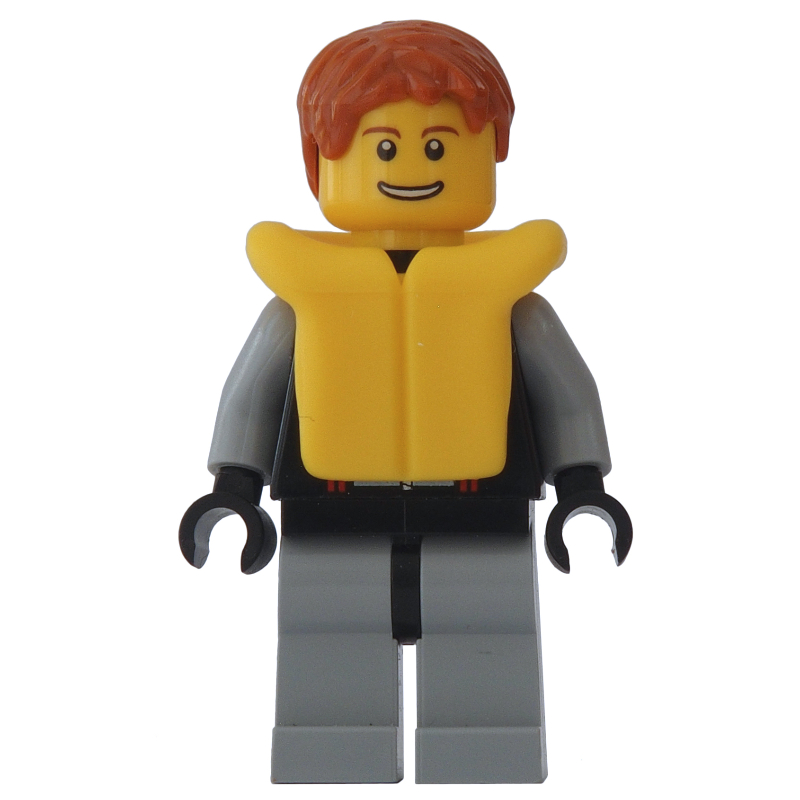 LEGO Man, Black and Light Bluish Gray Wetsuit, Dark Orange Hair, Yellow Life Vest (fig-009591)