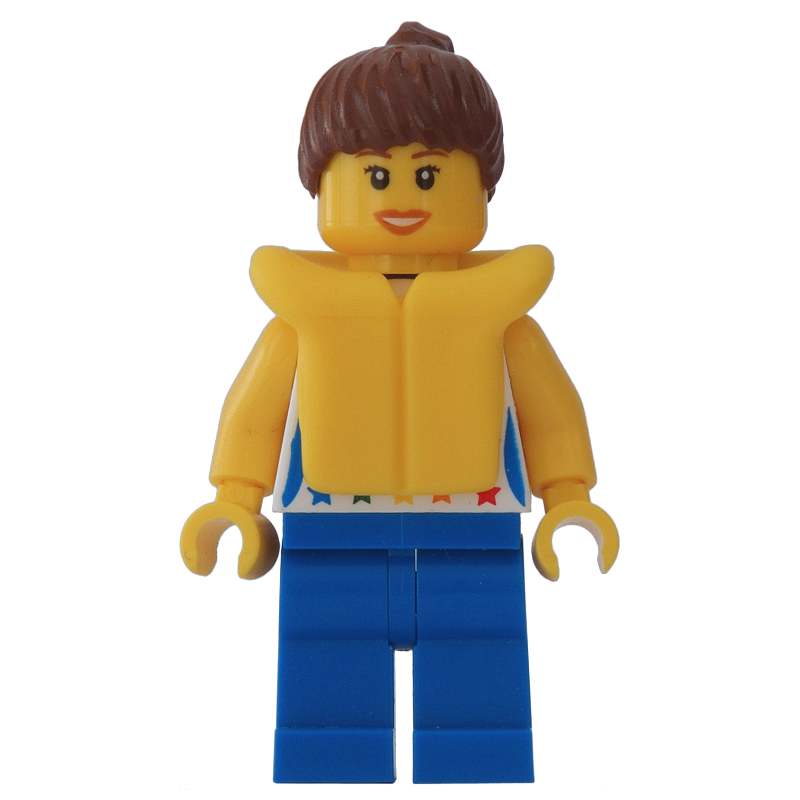LEGO Woman, White Vest with Stars, Blue Legs, Reddish Brown Hair, Yellow Life Vest (fig-009592)