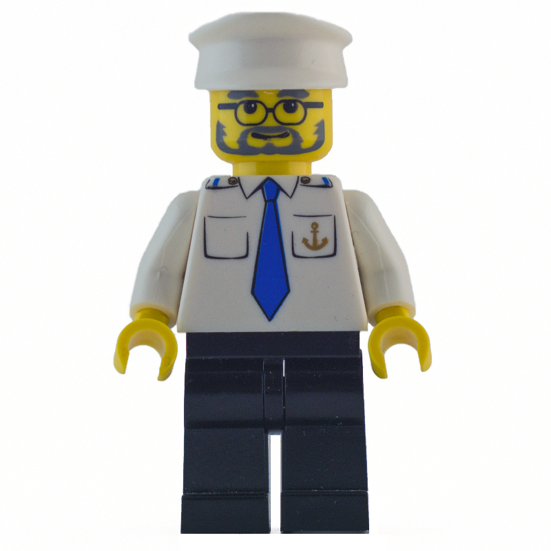 LEGO Ship Captain, White Shirt with Anchor and Tie, Black Legs, White Hat, Beard and Glasses (fig-009593)