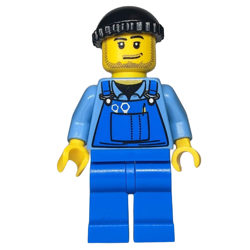 LEGO Man, Blue Overalls over Shirt, Blue Legs, Black Hat, Stubble (fig-009595)