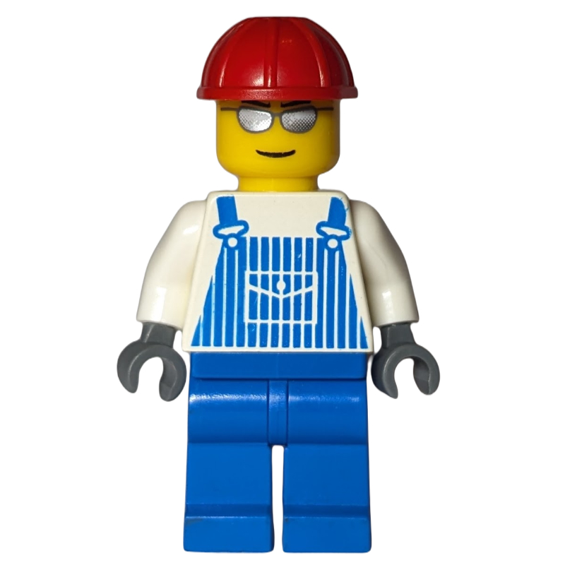 LEGO Man, Blue and White Striped Overalls, Red Hard Hat, Silver Sunglasses (fig-009596)