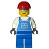 Man, Blue and White Striped Overalls, Red Hard Hat, Silver Sunglasses