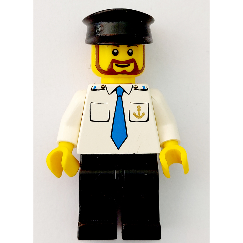 LEGO Ship Captain, White Shirt with Anchor and Tie, Black Legs, Black Hat, Beard (fig-009597)